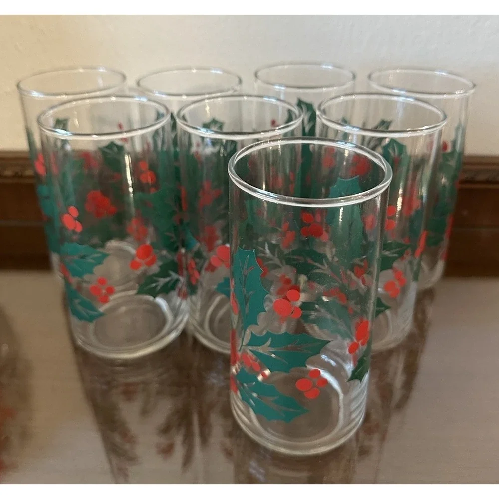 Vintage‎ Indiana Glass Holly Berries Christmas Tumblers Holiday 16 oz Set of 8